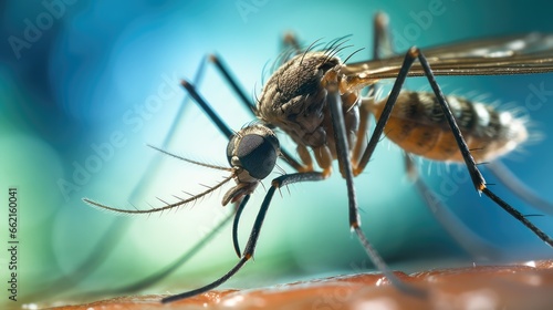 A mosquito that carries dengue fever, Zika virus is sucking blood on a person's skin © zayatssv