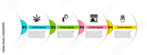 Set line Marijuana or cannabis leaf, Watering marijuana, and store and plant pot. Business infographic template. Vector
