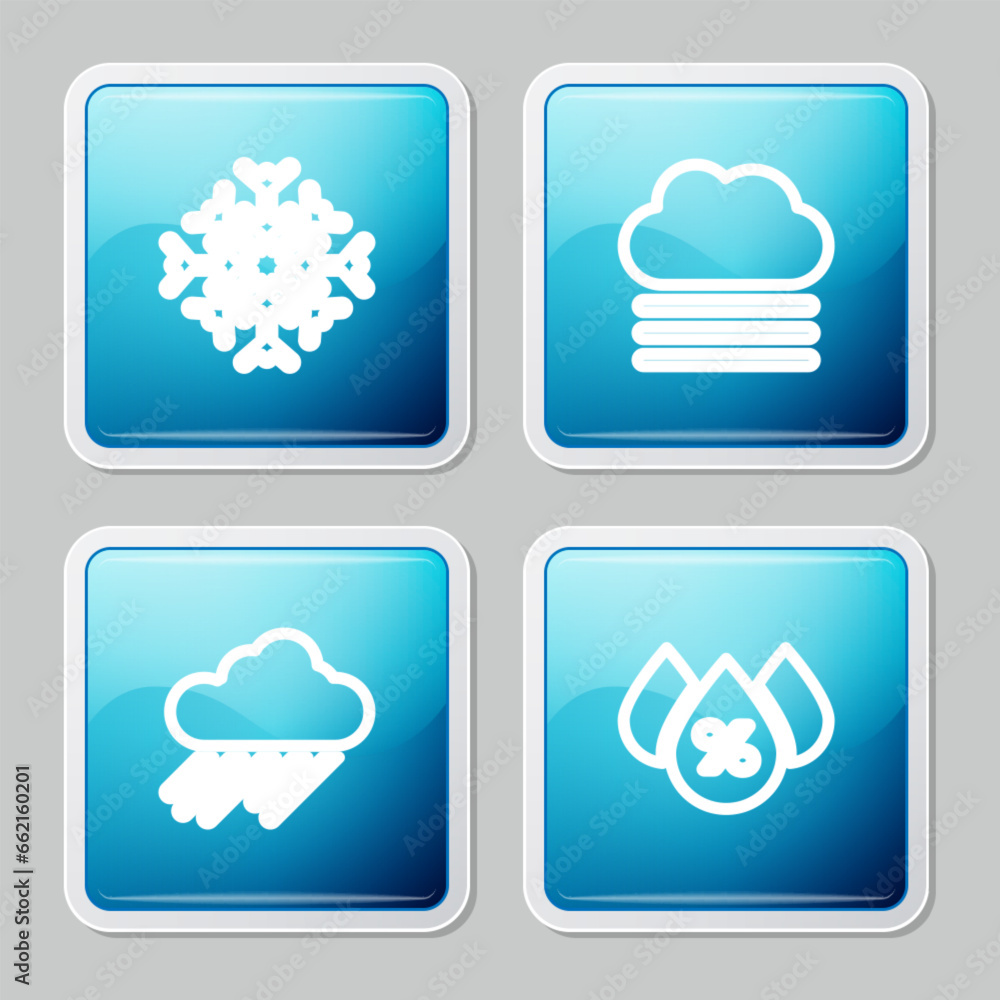 Set line Snowflake, Fog and cloud, Cloud with rain and Water drop percentage icon. Vector Set line Snowflake, Fog and cloud, Cloud with rain and Water drop percentage icon. Vector