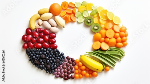 Multivitamins and supplements with fresh and healthy fruits on white background.