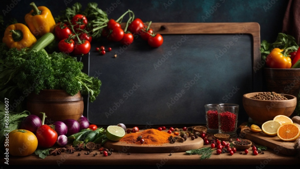 Vintage border and empty cutting board with vegetables and spices. Food concept with space for text