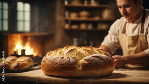 skilled baker showcasing hot fresh white bread from oven in rustic kitchen