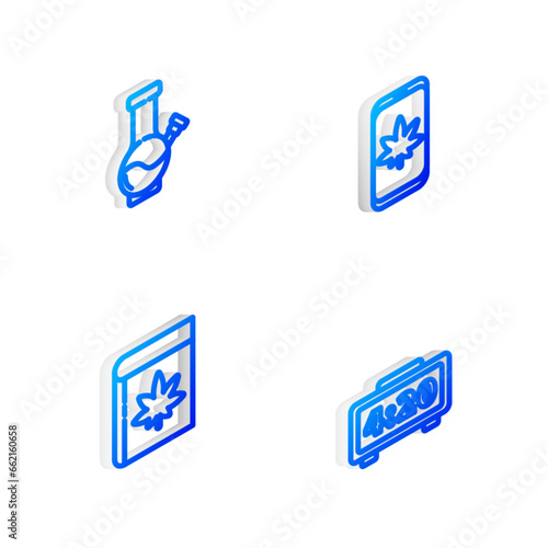 Set Isometric line Mobile and marijuana or cannabis, Glass bong for smoking, Book and Digital alarm clock icon. Vector