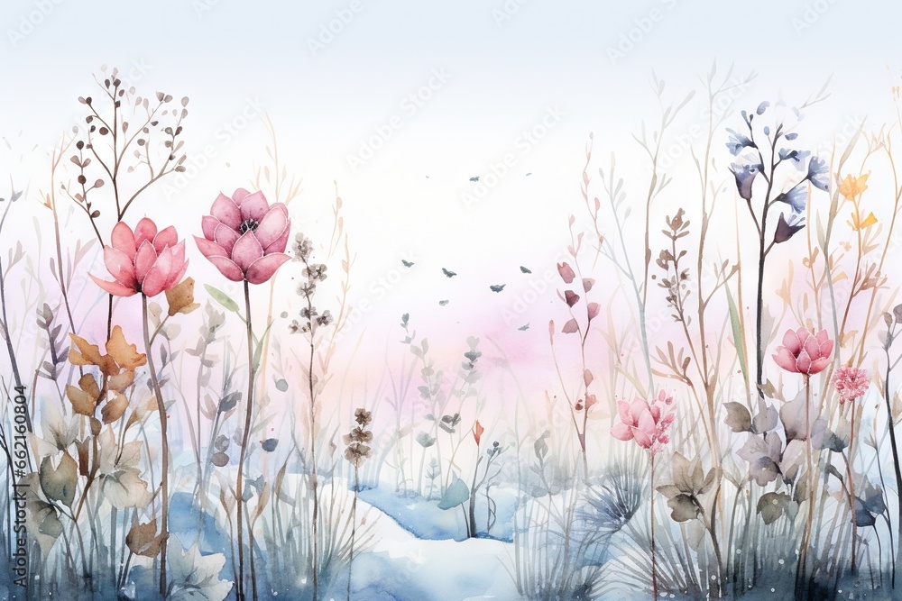 Bordure harmonieuse avec des fleurs, des feuilles et des plantes multicolores enneigées et glacées abstraites, des flocons de neige. fond blanc, illustration de prairie d'hiver. IA générative, IA - obrazy, fototapety, plakaty 