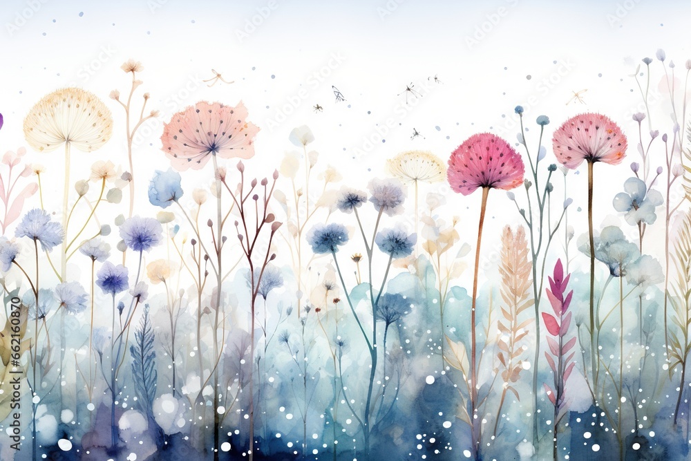 Bordure harmonieuse avec des fleurs, des feuilles et des plantes multicolores enneigées et glacées abstraites, des flocons de neige. fond blanc, illustration de prairie d'hiver. IA générative, IA - obrazy, fototapety, plakaty 