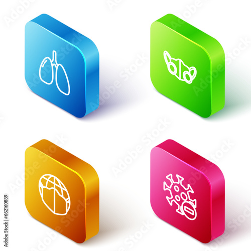 Set Isometric line Lungs, Medical protective mask, Earth with medical and Negative virus icon. Vector