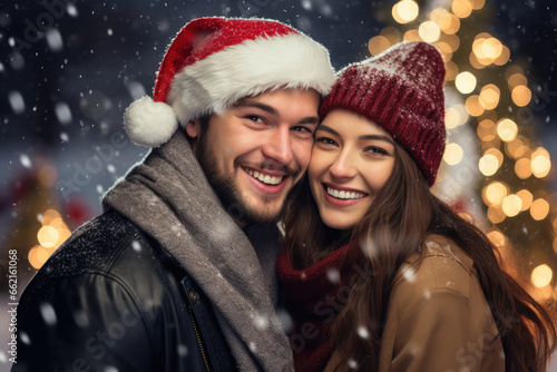Happy young couple in santa hats over christmas tree lights background