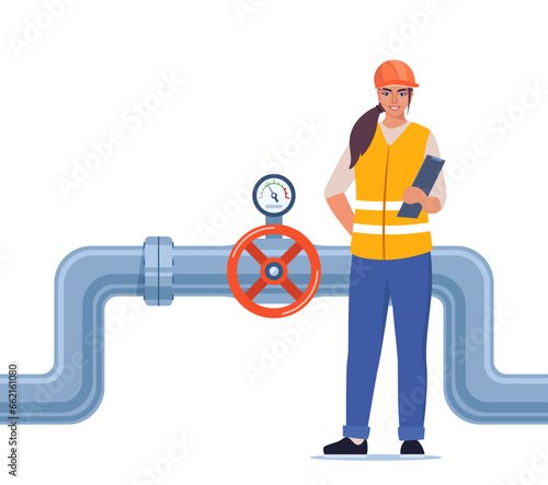 Engineer in workwear and protective helmet inspect petroleum or water pipelines. Valve and pressure gauge on the pipe. Oil, gas or water industry. Vector illustration.