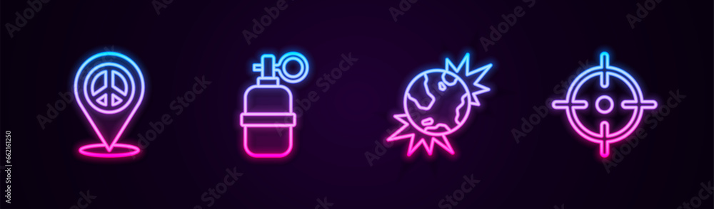 Set line Location peace, Hand grenade, Bomb explosive planet earth and Target sport. Glowing neon icon. Vector Set line Location peace, Hand grenade, Bomb explosive planet earth and Target sport. Glowing neon icon. Vector