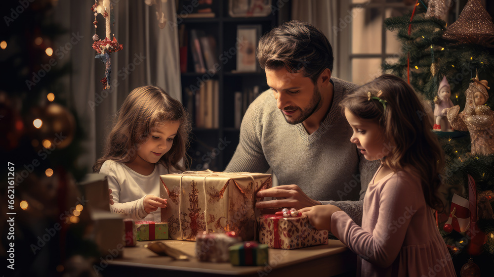 Happy family opening Christmas gifts at home in the living room. Christmas and New Year concept. Happy family opening Christmas gifts at home in the living room. Christmas and New Year concept.