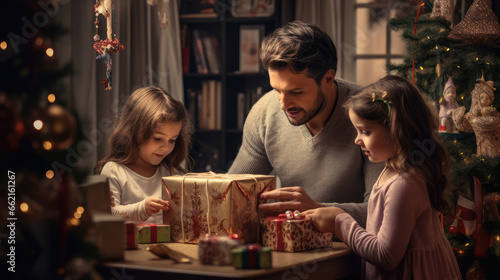 Happy family opening Christmas gifts at home in the living room. Christmas and New Year concept.