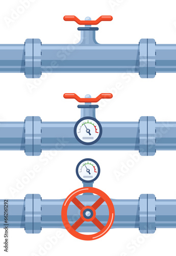 Pipe of water with valve and meter of pressure. Pipe elements. System of pipeline with valve and manometer for industry. Construction of steel tube. Vector illustration.