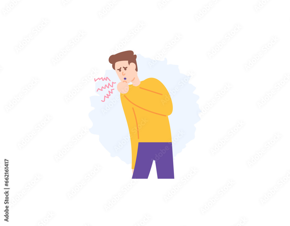 a man coughs. cough with phlegm or cough without phlegm. coughing because of an itchy or sore throat. health problems and disease. male character. cartoon or flat style illustration design. vector a man coughs. cough with phlegm or cough without phlegm. coughing because of an itchy or sore throat. health problems and disease. male character. cartoon or flat style illustration design. vector