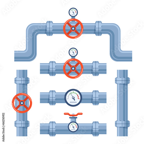Pipe of water with valve and meter of pressure. Pipe elements. System of pipeline with valve and manometer for industry. Construction of steel tube. Vector illustration.