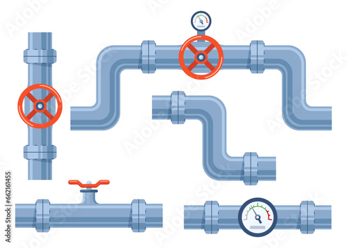 Pipe of water with valve and meter of pressure. Pipe elements. System of pipeline with valve and manometer for industry. Construction of steel tube. Vector illustration.