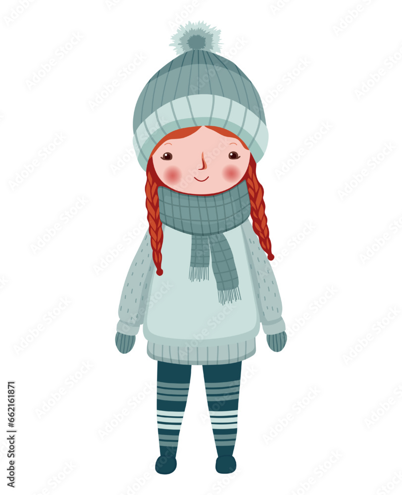 Cute funny girl in winter clothes. Hand drawn girl in fairy tale scandinavian style. Cute funny girl in winter clothes. Hand drawn girl in fairy tale scandinavian style.
