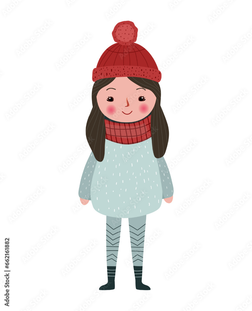 Vecor girl in fairy tale scandinavian style. Cute girl in winter clothes.
