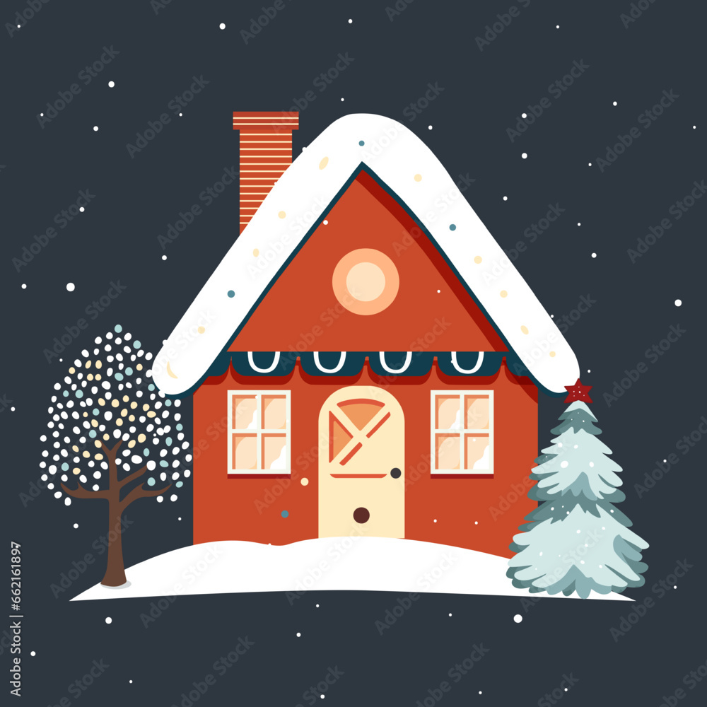 Naklejka premium Fairy scandi winter home. Christmas scandinavian house and trees. Trendy childish vector house. Christmas card