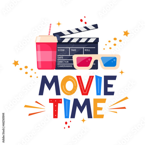 Movie time hand drawing lettering. Creative template for cinema poster, banner. Movie time concept with cinema elements. Vector illustration.