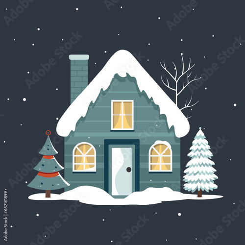 Fairy scandi winter house. Christmas scandinavian home and snowy trees. Christmas card with cute house