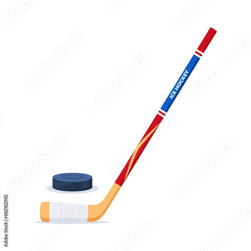 Ice Hockey puck and stick. Sport symbol. Vector Illustration isolated on white background.