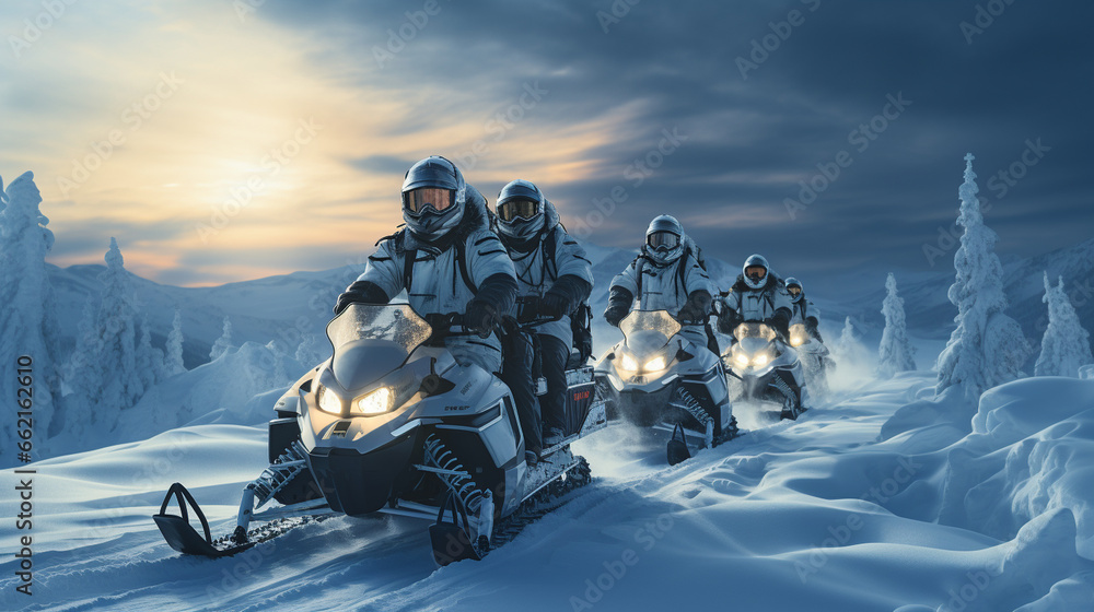 Snowy Adventure: A group of friends on a thrilling snowmobile expedition, racing through a vast snowfield surrounded by a pristine winter landscape.