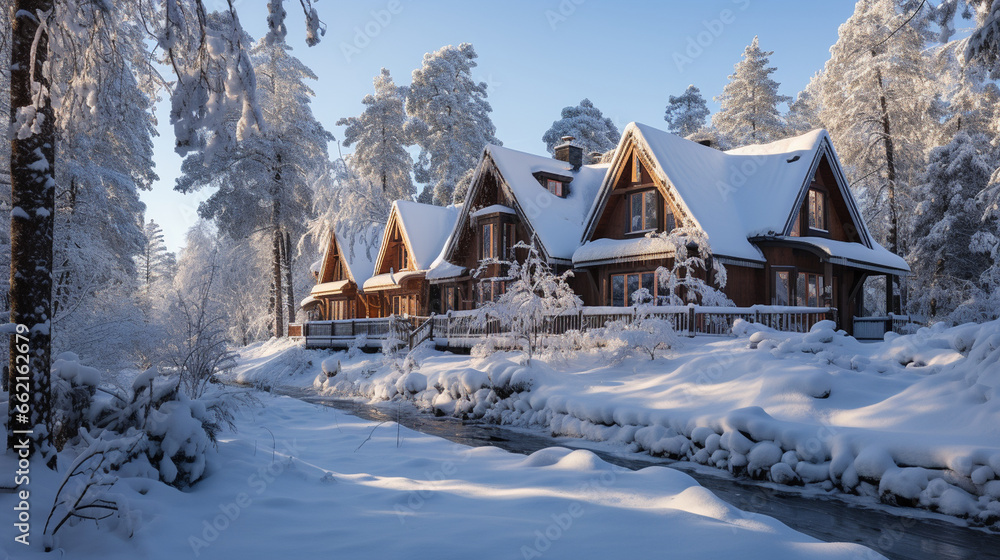 Snowy Cabins: A cluster of charming cabins covered in snow, set against the backdrop of a vast winter wonderland.