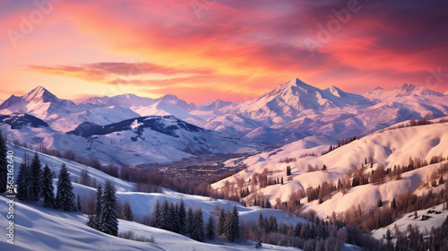 Mountain Sunrise: A magical sunrise over a snow-covered mountain range, with hues of pink and orange reflecting off the powdery slopes.