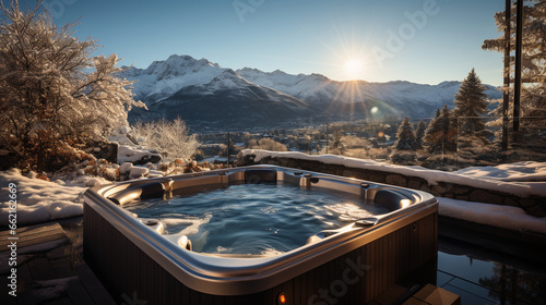 Hot Tub Retreat: A luxurious winter resort hot tub, set outdoors and steaming in the crisp cold, with snow-capped peaks in the background.