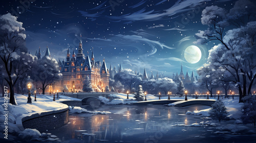Ice Skating Rink: A magical ice skating rink surrounded by twinkling lights, with skaters gliding gracefully under the starry night sky.