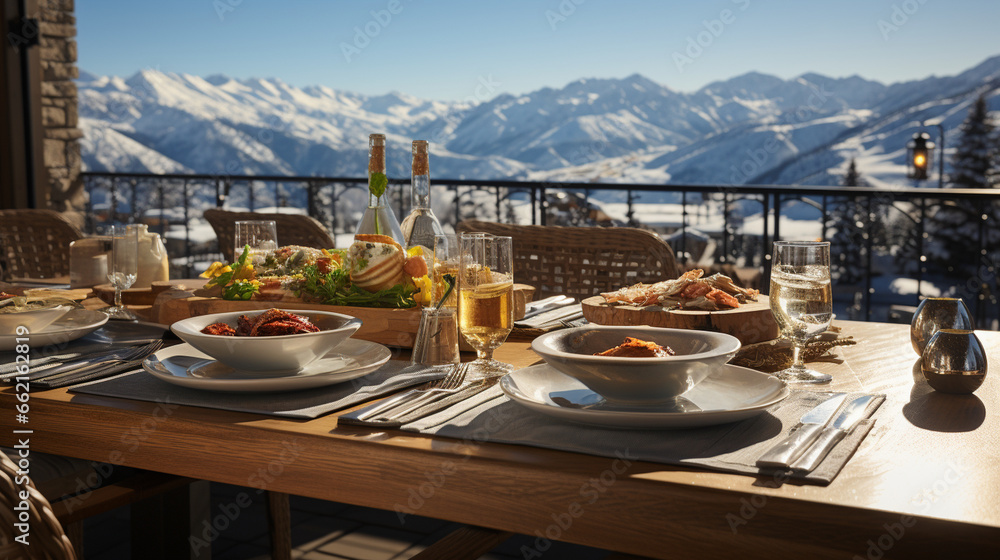 Gourmet Winter Dining: A gourmet restaurant at the resort, with an exquisite meal served on a snowy outdoor terrace with mountain views.