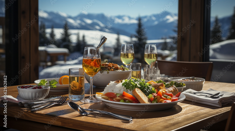 Gourmet Winter Dining: A gourmet restaurant at the resort, with an exquisite meal served on a snowy outdoor terrace with mountain views.