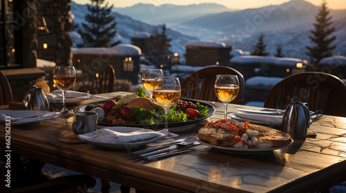 Fototapeta Naklejka Na Ścianę i Meble -  Gourmet Winter Dining: A gourmet restaurant at the resort, with an exquisite meal served on a snowy outdoor terrace with mountain views.