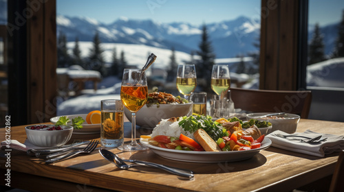 Gourmet Winter Dining  A gourmet restaurant at the resort  with an exquisite meal served on a snowy outdoor terrace with mountain views.