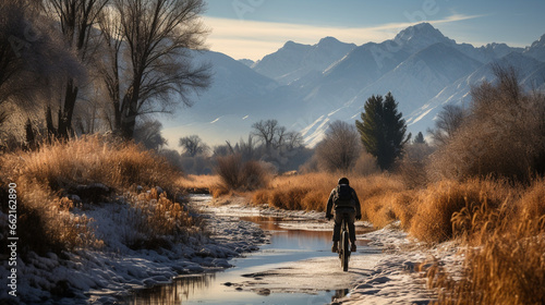 Canvastavla Frosty Biking: A winter fat bike rider traversing a snowy trail, with a backdrop of frosted trees and mountains