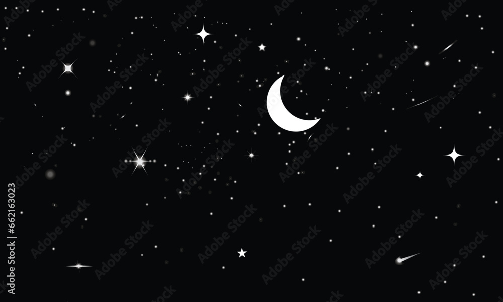 Bright star in the dark space background. Vector illustration. Stars and stardust in deep universe. Snowstorm texture. Bokeh lights on black background. Night sky background with stars, moon Bright star in the dark space background. Vector illustration. Stars and stardust in deep universe. Snowstorm texture. Bokeh lights on black background. Night sky background with stars, moon