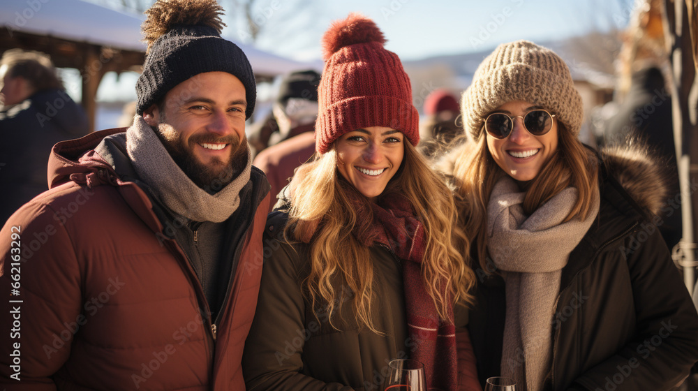Winter Wine Tasting: A group of friends enjoying a wine tasting event in an outdoor winter setting, with vineyards blanketed in snow. Winter Wine Tasting: A group of friends enjoying a wine tasting event in an outdoor winter setting, with vineyards blanketed in snow.