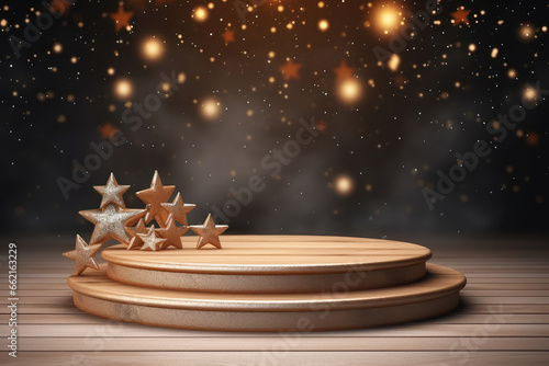 Wooden podium with stars and bokeh background.