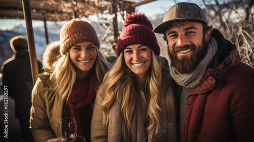 Winter Wine Tasting: A group of friends enjoying a wine tasting event in an outdoor winter setting, with vineyards blanketed in snow.