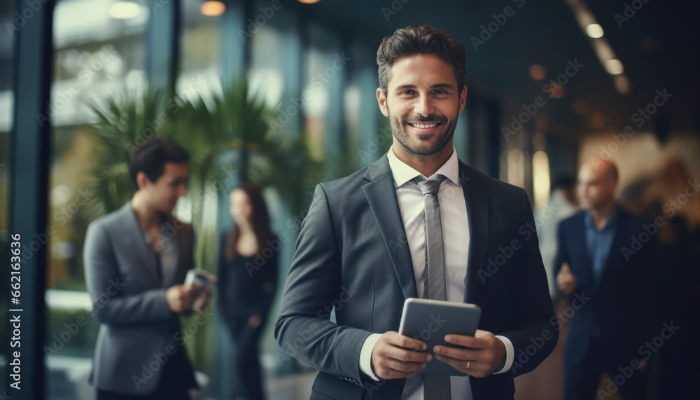 A cheerful businessman, holding a digital tablet and wearing a smile, stands confidently in a modern boardroom with colleagues in the background,banner A cheerful businessman, holding a digital tablet and wearing a smile, stands confidently in a modern boardroom with colleagues in the background,banner