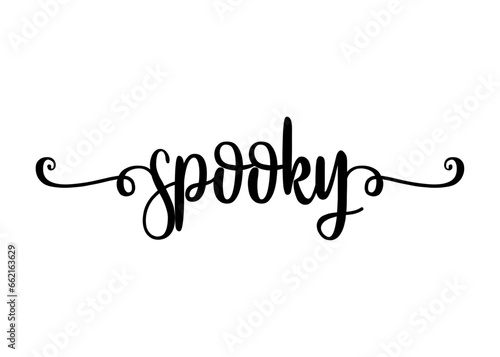 Logo con palabra en texto manuscrito spooky con raya de decoración de caligrafía para su uso en invitaciones y tarjetas de Halloween