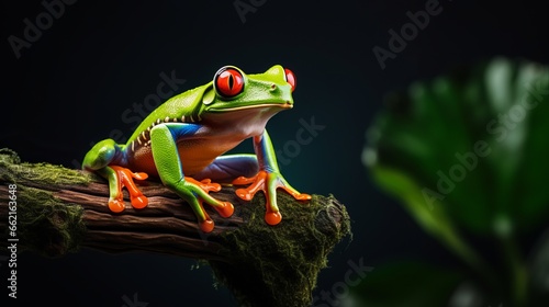 A vibrant red-eyed tree frog perched on a branch in its natural habitat