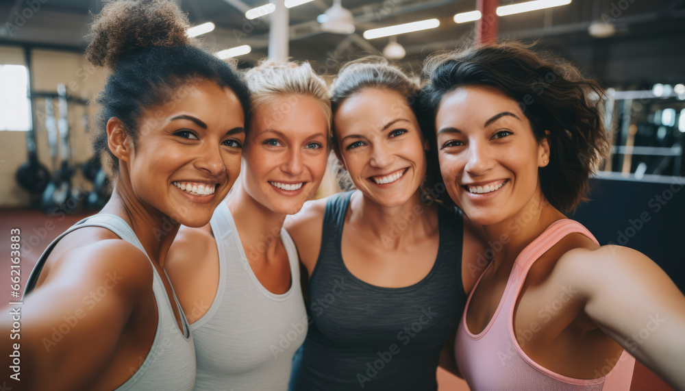Four women in workout attire gather for a selfie post-exercise, laughing and flexing their muscles with joy in a fitness studio