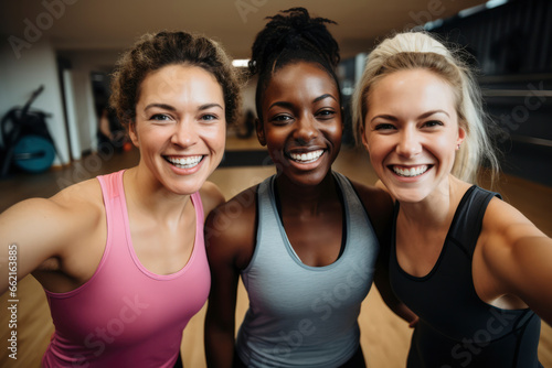Four women in workout attire gather for a selfie post-exercise, laughing and flexing their muscles with joy in a fitness studio © BrightSpace