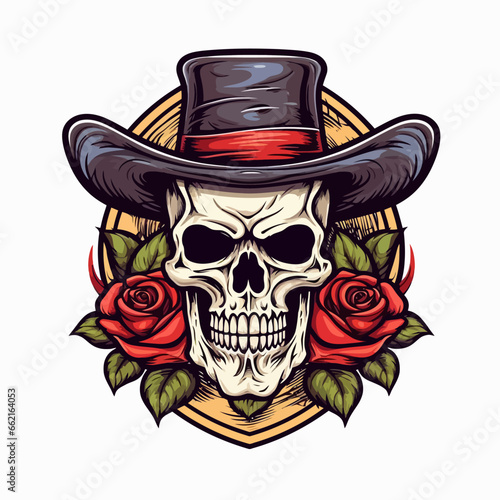 illustration of a skull wearing a hat and decorated with roses