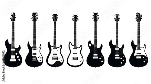 Set of black and white electric guitars isolated on white background. Popular types of guitars housing.
