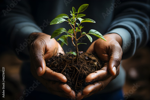 Sustainability and environment with hand and plant