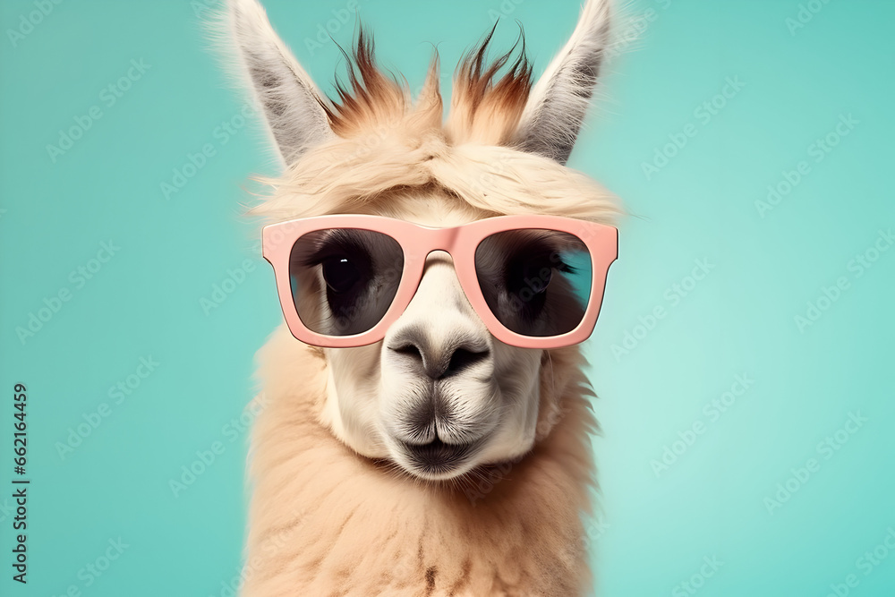 Llama Wearing Sunglasses in Isolation on a Solid Pastel Background – Ideal for Commercial, Editorial, and Surrealistic Advertisements Llama Wearing Sunglasses in Isolation on a Solid Pastel Background – Ideal for Commercial, Editorial, and Surrealistic Advertisements