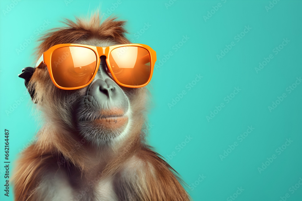 Monkey Sporting Sunglasses Against a Solid Pastel Background – Perfect for Commercial, Editorial, and Surreal Advertisement Campaigns