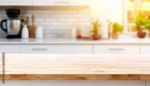 Wooden table top for product display on kitchen modern interior background © Elena